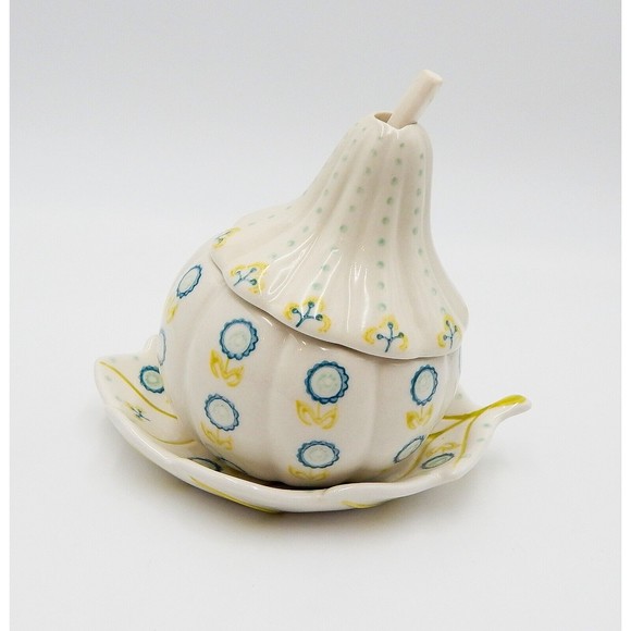 Anthropologie Ceramic Gourd Squash Sugar Bowl Jam Condiment Jar Spoon Underplate - Picture 1 of 11